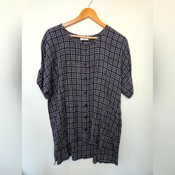 Masai Tops - Button-Front Navy Plaid Blouse